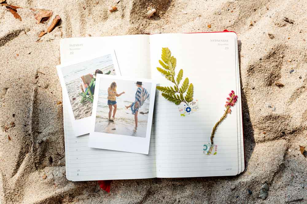 Travel journal and diary with memories of pictures.
