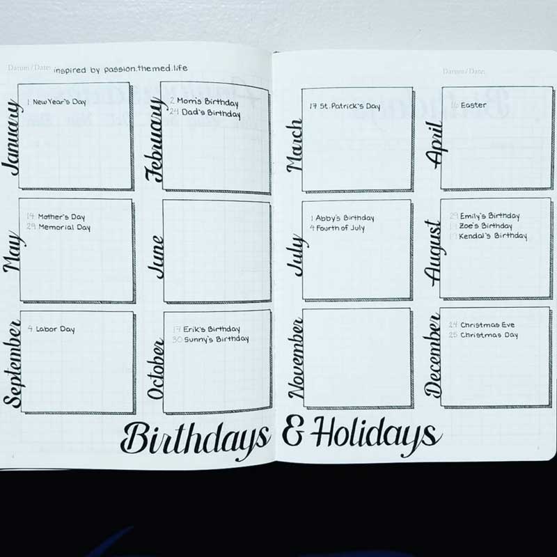 An example of a bullet journal future log