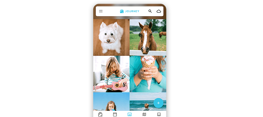 Aplicação Journey diary com muitas fotos bonitas.