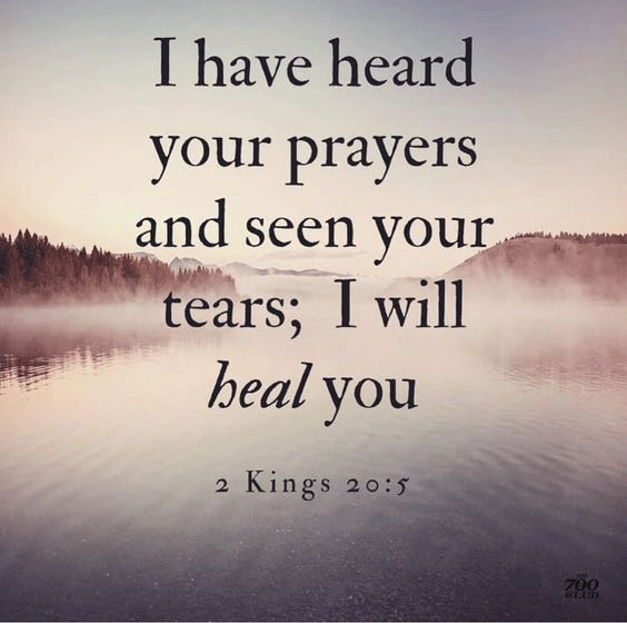 A bible verse: I have heard your prayers and seen your tears; I will heal you. 2 Kings 20:5
