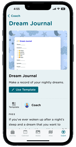 Journey app's journal template library which includes access to free dream journal template.