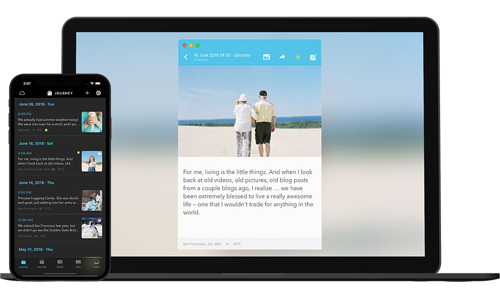 Aplikasi jurnal dan buku harian Journey di Mac dan iPhone.