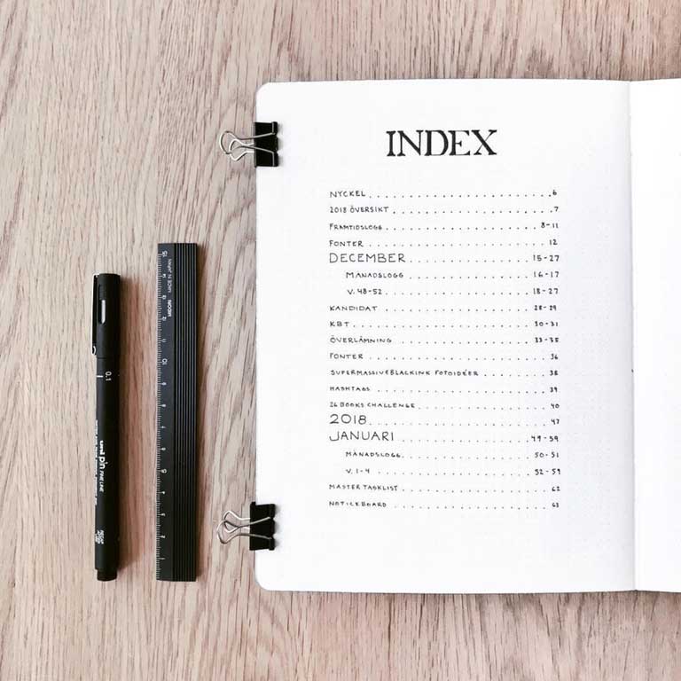 An example of a bullet journal index page from Petite Melanie