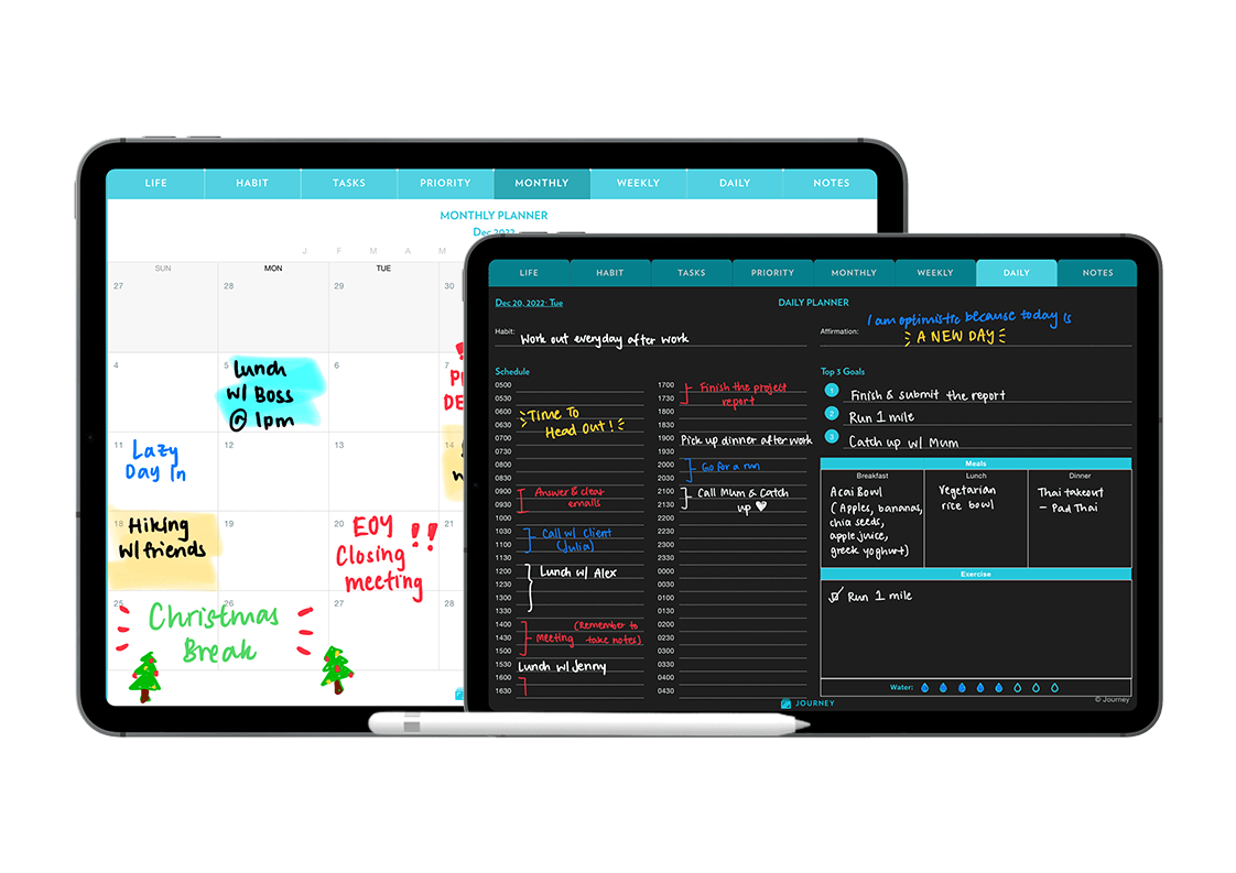 Journey Digital Planner 2022 Licht- und Dunkelthema.