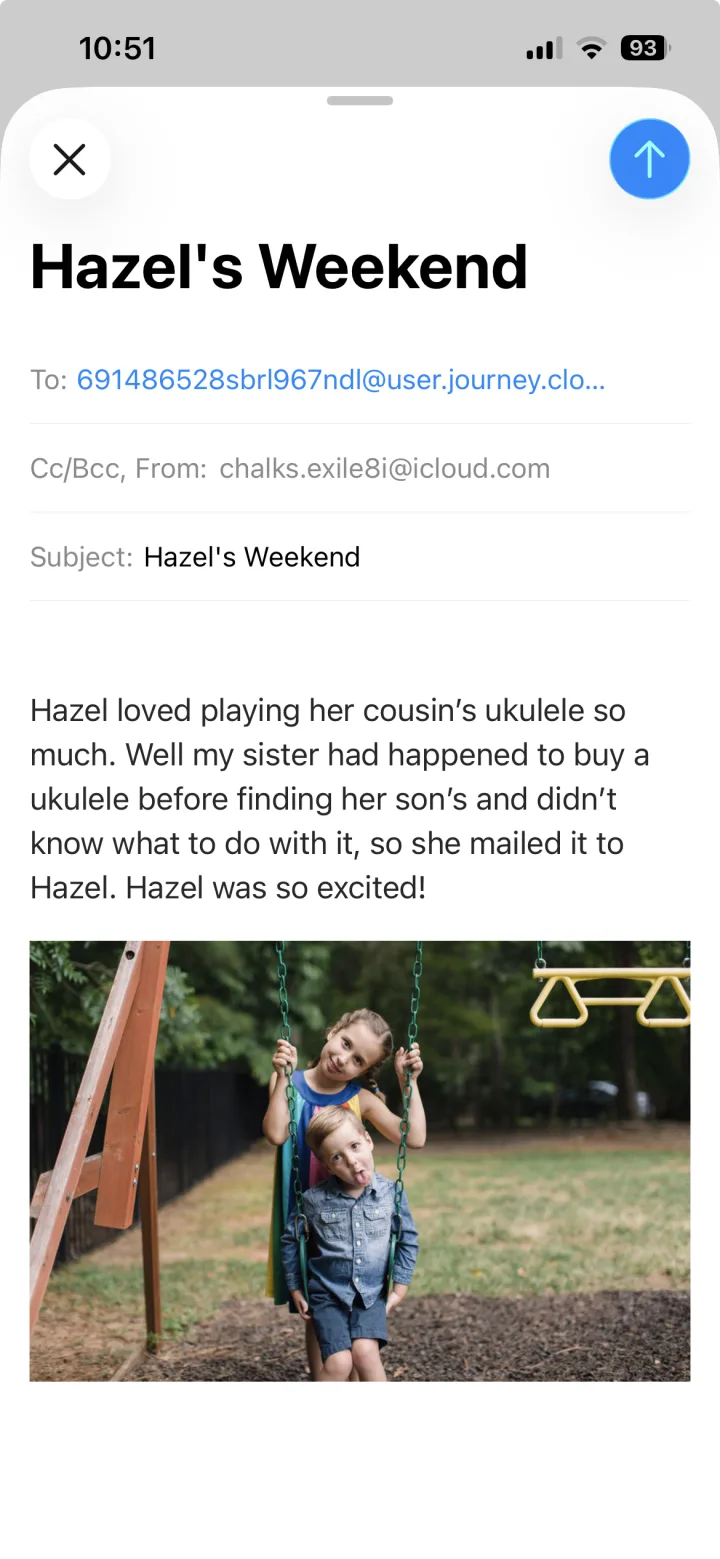 Composing a Journey journal entry in an email on a phone
